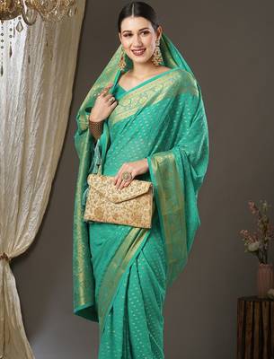 Teal ethnic motifs zari  georgette kanjeevaram saree 4