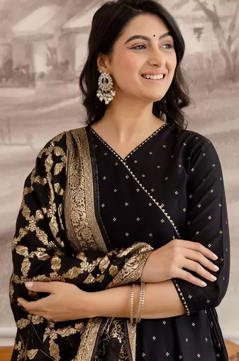 women ethnic motifs printed angrakha kurta with trousers & with dupatta