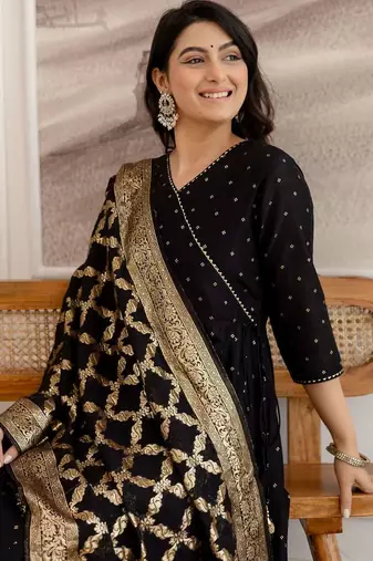 women ethnic motifs printed angrakha kurta with trousers & with dupatta