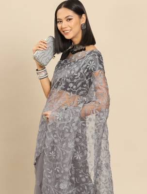 Grey grey floral embroidered organza saree 1