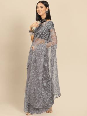 Grey grey floral embroidered organza saree 2