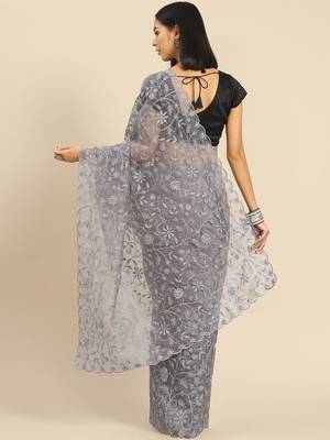 Grey grey floral embroidered organza saree 3