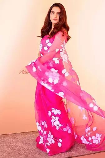 Pink pink floral printed organza saree