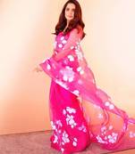 Pink pink floral printed organza saree