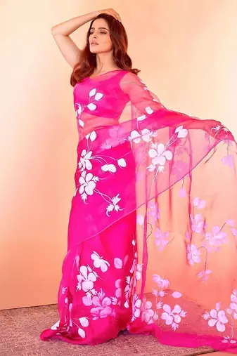 Pink pink floral printed organza saree