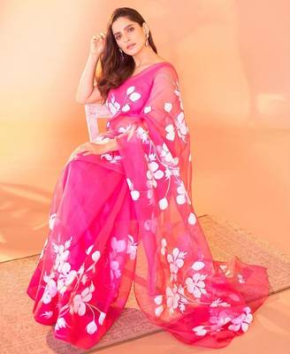 Pink pink floral printed organza saree 3