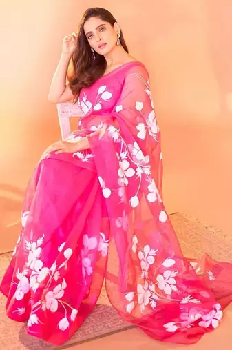 Pink pink floral printed organza saree