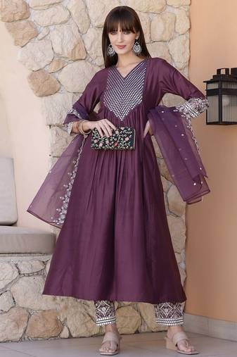 women geometric embroidered silk kurta with trousers & dupatta