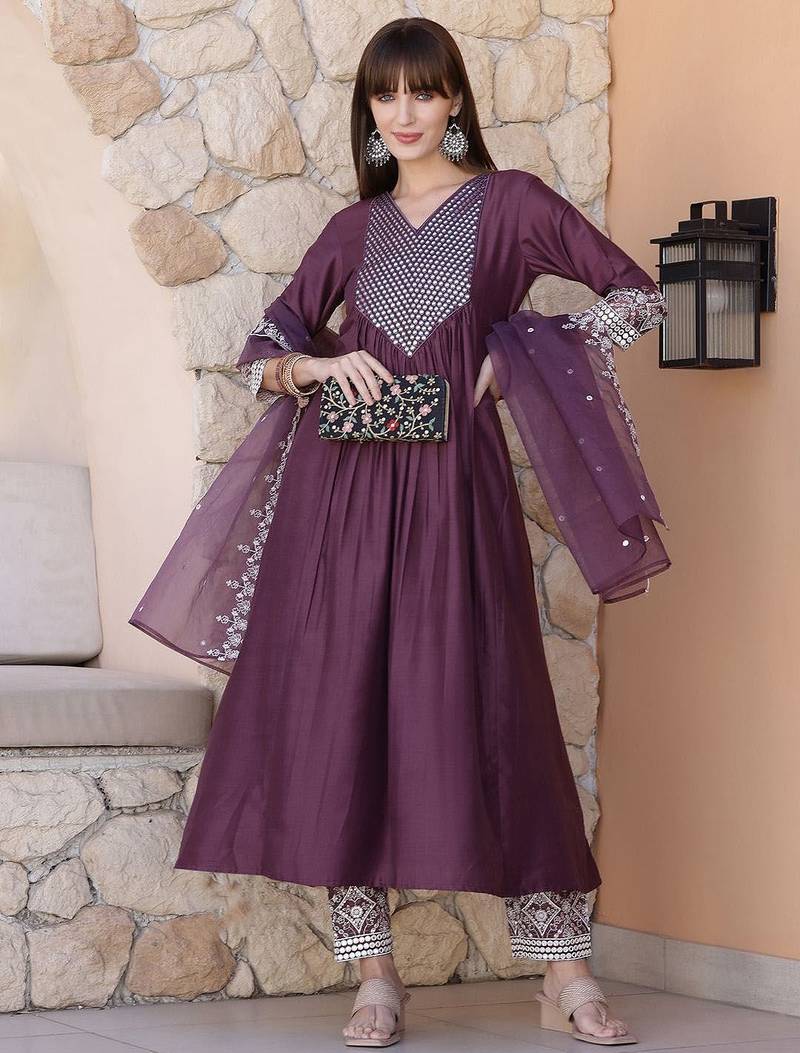 women geometric embroidered silk kurta with trousers & dupatta