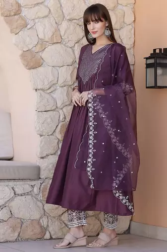 women geometric embroidered silk kurta with trousers & dupatta
