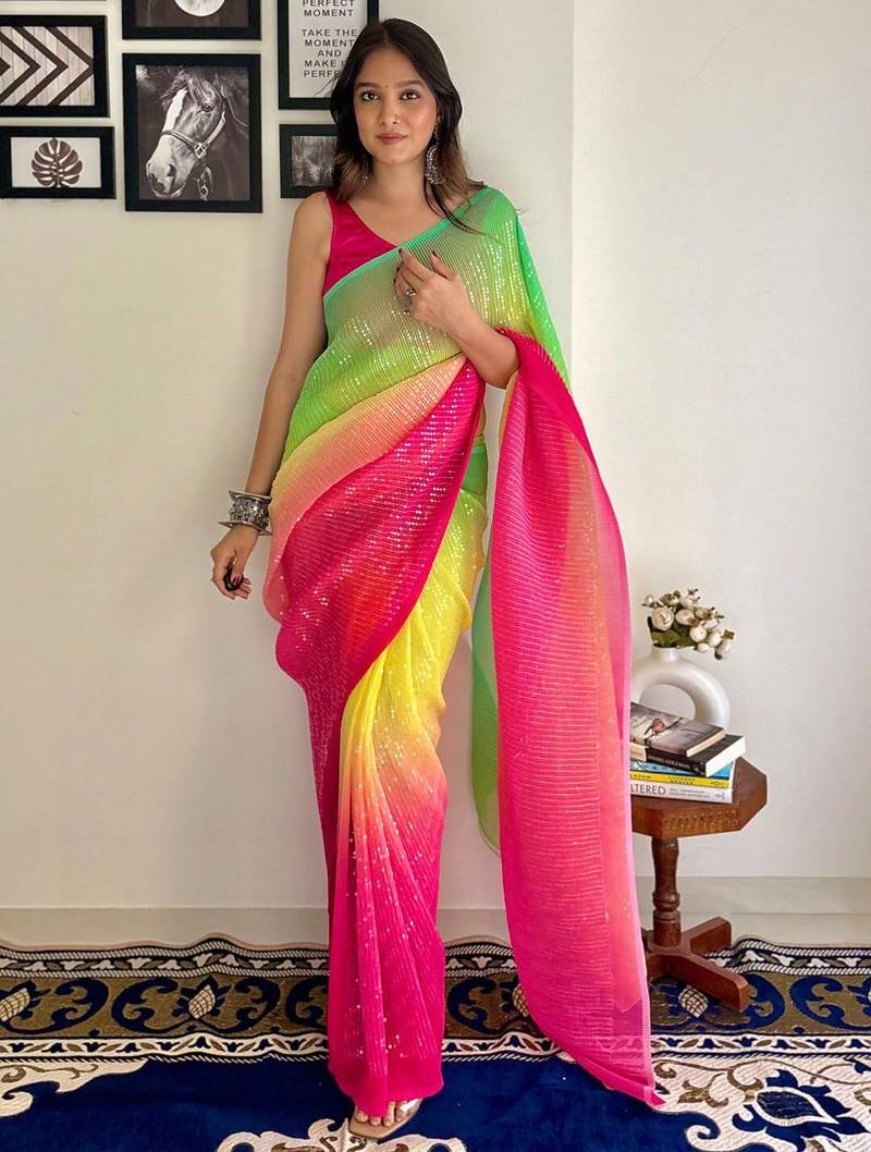 Yellow embellished sequinned  georgette designer holi saree