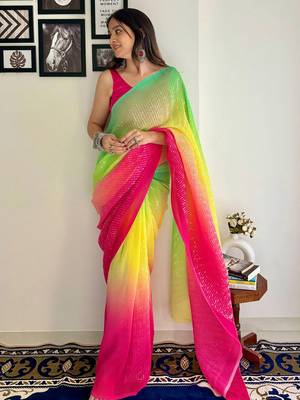 Yellow embellished sequinned  georgette designer holi saree 2