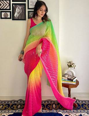 Yellow embellished sequinned  georgette designer holi saree 3