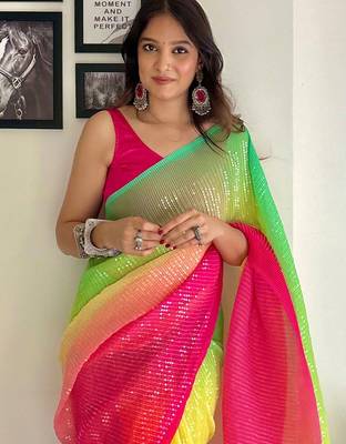 Yellow embellished sequinned  georgette designer holi saree 4
