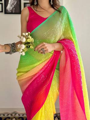 Yellow embellished sequinned  georgette designer holi saree 5