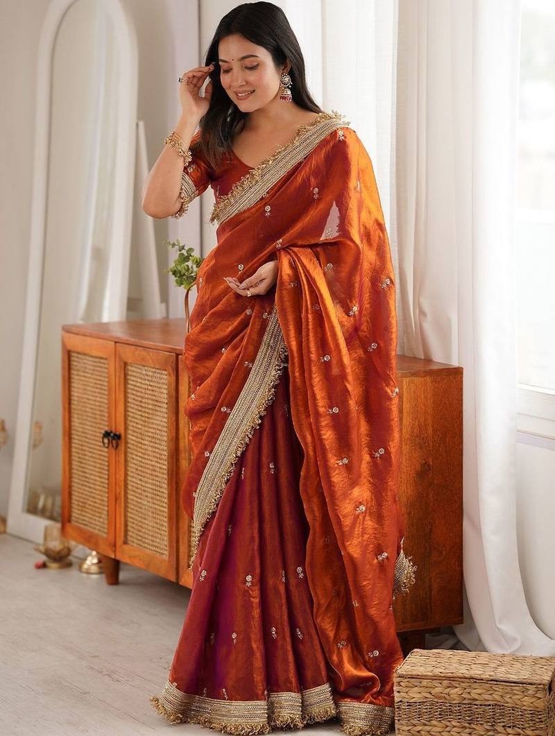 Mustard mustard embellished embroidered satin heavy work saree unstiched blouse