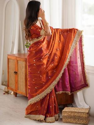 Mustard mustard embellished embroidered satin heavy work saree unstiched blouse 3