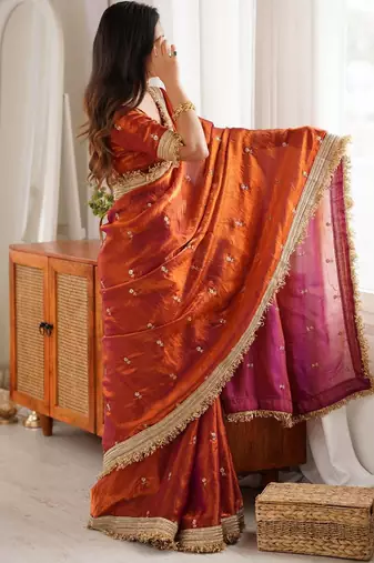 Mustard mustard embellished embroidered satin heavy work saree unstiched blouse