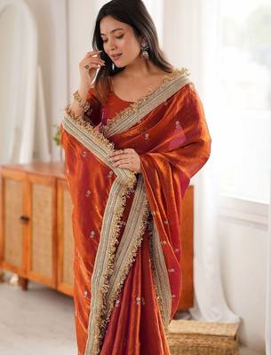 Mustard mustard embellished embroidered satin heavy work saree unstiched blouse 4