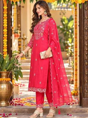 floral embroidered thread work organza kurta with trousers & dupatta 3