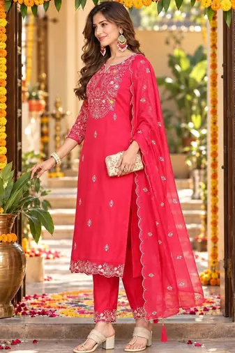 floral embroidered thread work organza kurta with trousers & dupatta