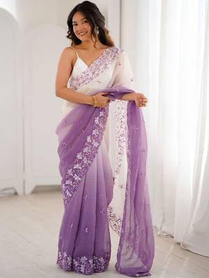 Purple embellished embroidered poly chiffon saree 1