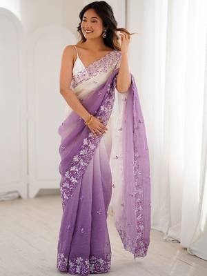 Purple embellished embroidered poly chiffon saree 3