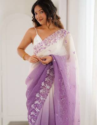 Purple embellished embroidered poly chiffon saree 4