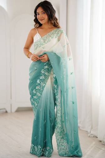 Multicolor embellished embroidered poly chiffon saree