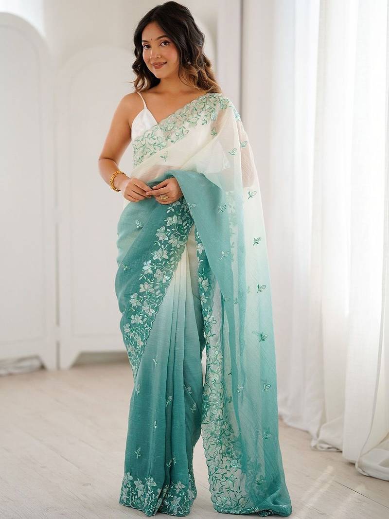 Multicolor embellished embroidered poly chiffon saree