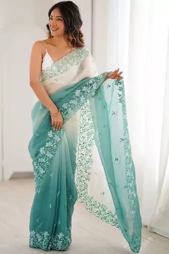 Multicolor embellished embroidered poly chiffon saree