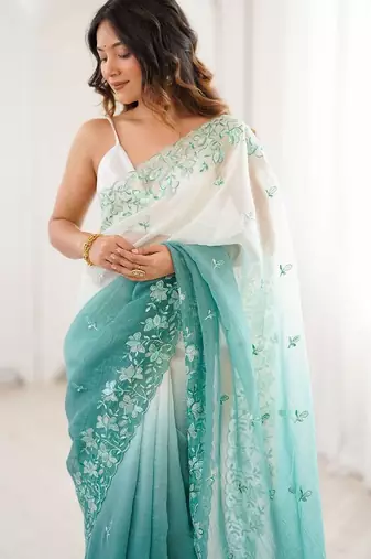 Multicolor embellished embroidered poly chiffon saree