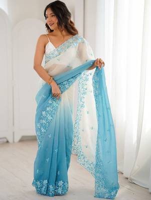 Blue floral embroidered poly chiffon saree 1