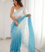 Blue floral embroidered poly chiffon saree