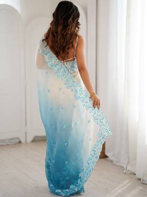 Blue floral embroidered poly chiffon saree 2