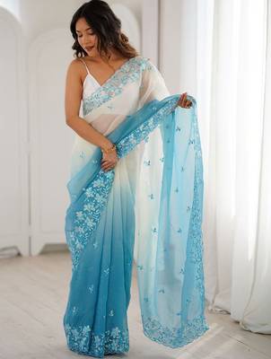 Blue floral embroidered poly chiffon saree 3