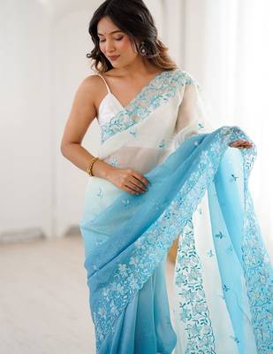 Blue floral embroidered poly chiffon saree 4