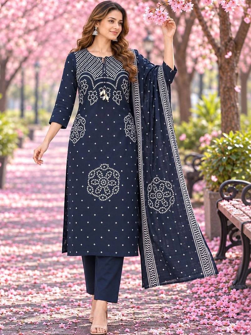 women ethnic motifs printed regular  cotton kurta with trousers & with dupatta