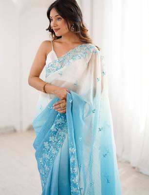 Blue floral embroidered poly chiffon saree 5