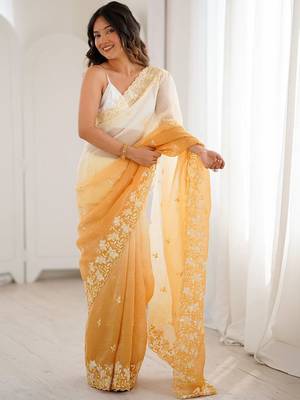 White woven design embroidered poly chiffon saree 1