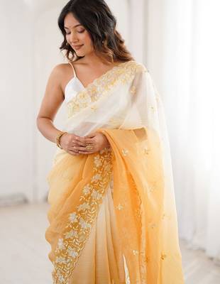 White woven design embroidered poly chiffon saree 2
