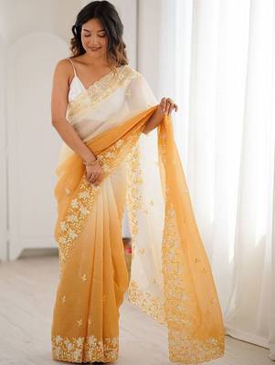 White woven design embroidered poly chiffon saree 3