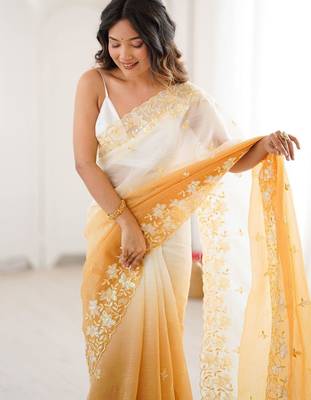 White woven design embroidered poly chiffon saree 4