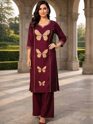 women floral embroidered regular thread work  cotton kurta with palazzos 1