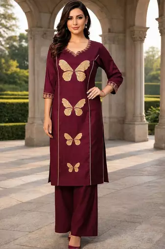 women floral embroidered regular thread work  cotton kurta with palazzos