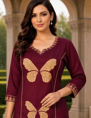 women floral embroidered regular thread work  cotton kurta with palazzos 3