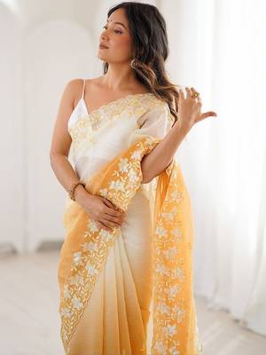 White woven design embroidered poly chiffon saree 5