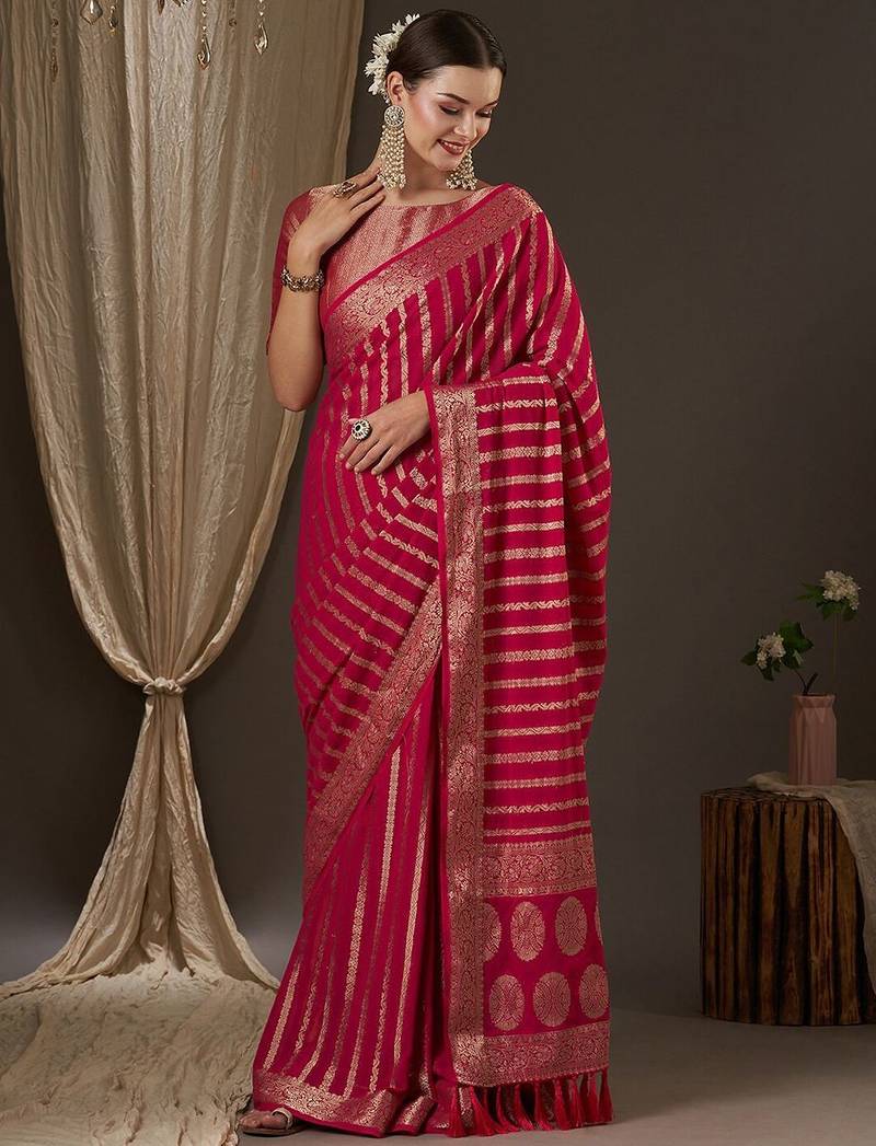 Pink pink & gold-toned woven design zari  georgette kanjeevaram saree