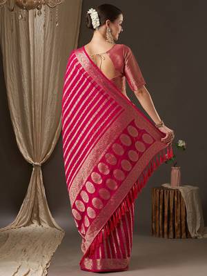 Pink pink & gold-toned woven design zari  georgette kanjeevaram saree 2