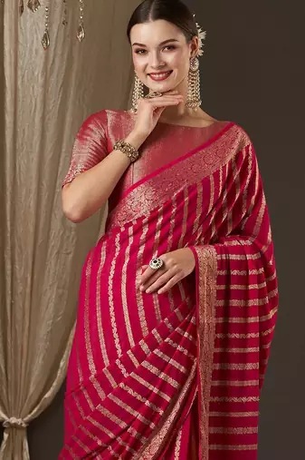 Pink pink & gold-toned woven design zari  georgette kanjeevaram saree